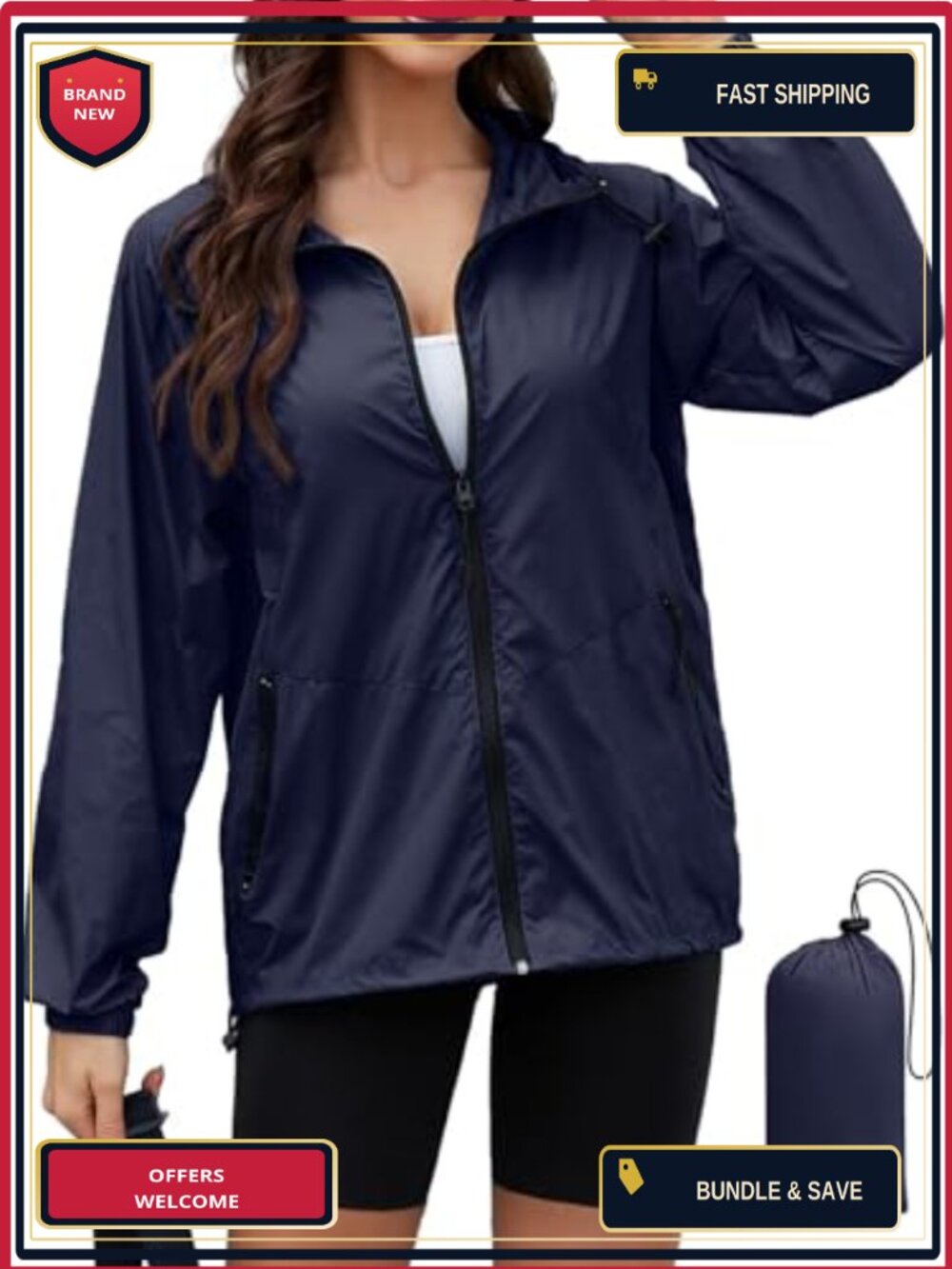Waterproof Packable Rain Jacket Women Lightweight Windbreaker Travel Hooded